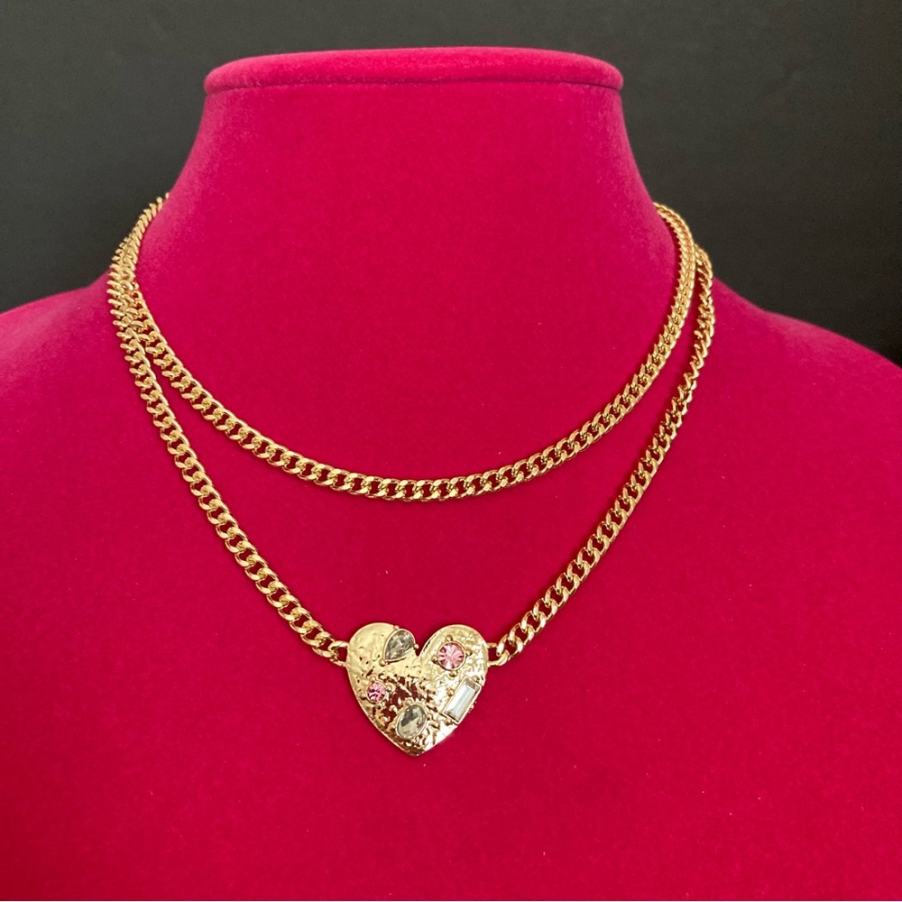 Two Layer Necklace Heart Charm with White and Pink Stones | Gold Tone